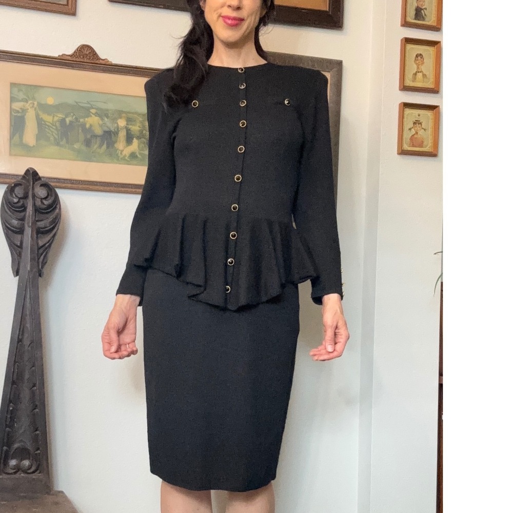 Vintage 90s Don Sayres for Wellmore Black Wool Rayon Peplum Knit Dress